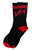 A pair of black crew socks with red accents, featuring the red text 'NEVER FAKE IT TAKE IT' and 'DETROIT ORIGINAL' with red lightning bolts on the upper leg, shown against a plain white background.