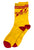 A pair of bright yellow crew socks with red toes, heels, and cuffs, featuring a red and yellow 'Detroit Original' logo with lightning bolts on the side.
