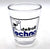 Clear glass shot glass with "Detroit Techno" DPD logo parody on a white background