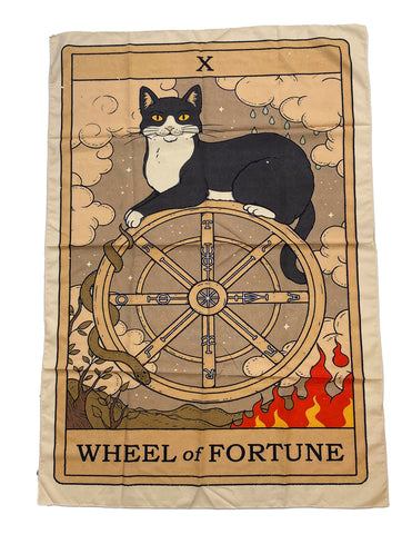 Cat Tarot Tapestry, Wheel of Fortune. 39"x27" Black Cat Black Border Fabric Wall Hanging