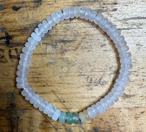 White Burmese Jade Rondelle Stone Bead Stretch Bracelet, w/ Mixed Jade Accent Beads