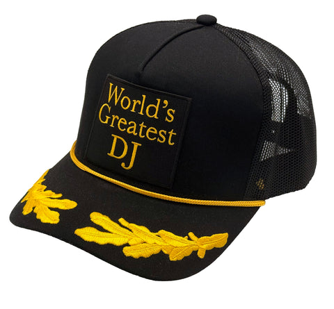 Black cap with 'World's Greatest DJ' text and yellow accents on a white background