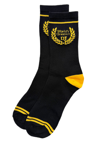 World's Greatest DJ Socks, Black Crew Cut Socks by Well Done Goods