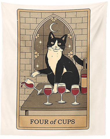 Cat Tarot Tapestry, The Four Of Cups. 39"x27" Tuxedo Cat Fabric Wall Hanging