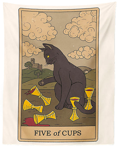 Cat Tarot Tapestry, The Five Of Cups. 39"x27" Black Cat Fabric Wall Hanging