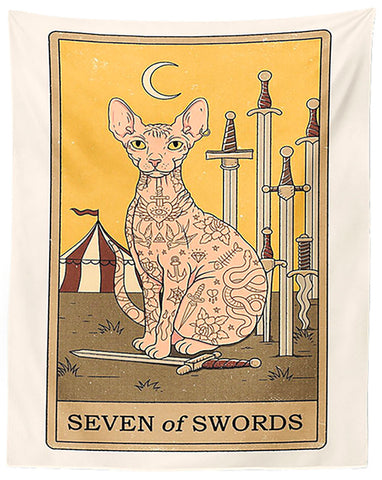 Cat Tarot Tapestry, The Seven Of Swords. 39"x27" Sphynx Hairless Cat Fabric Wall Hanging