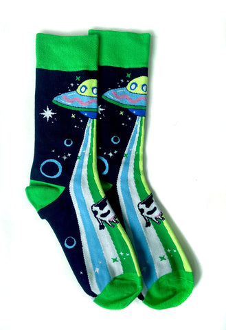 Alien Abduction Socks. Beam Me Up , Alien Cow UFO Men's Socks. Mooooo!