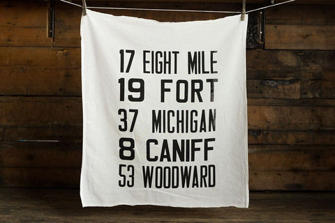 Detroit Bus Scroll White Egyptian Cotton Flour Sack Towel, Main Routes Print, by Well Done Goods