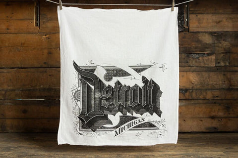 Detroit Typography Egyptian Cotton Flour Sack Towel, Roaring 20s Script Print, by Well Done Goods