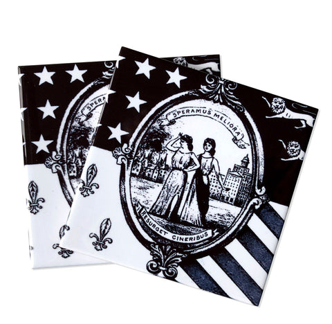 Detroit 1940s City Flag Decorative Tiles, Black & White Ceramic Coasters. Well Done Goods