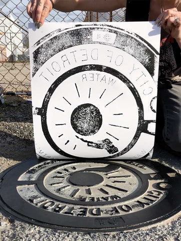 Manhole Cover Printed Poster in process, Spirit of Detroit. Well Done Goods