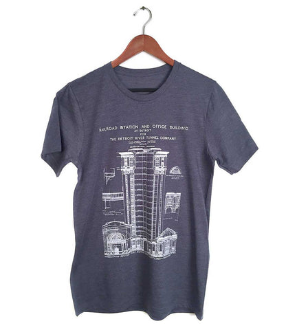 MCS Detroit Train Station Blueprint Fashion Tee, heather navy blue.  By Well done Goods