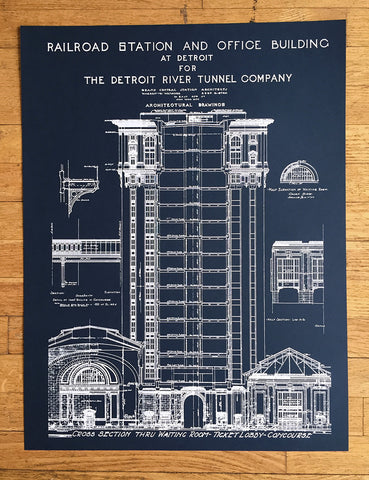 Detroit Train Station Silkscreen Blueprint Poster, 19"x 25"