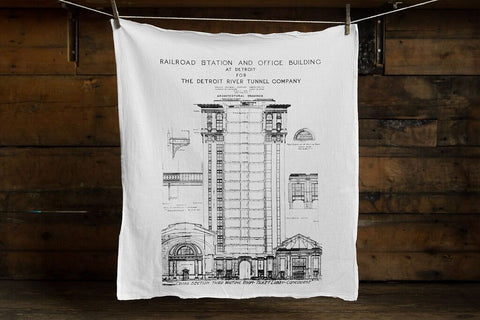 MCS Train Station Flour Sack Towel, Detroit Blueprint, by Well Done Goods