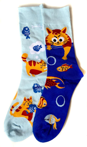 Cat and Fishbowl Socks. Mix-Matched Naughty Kitty Cat, Men's Cat Socks