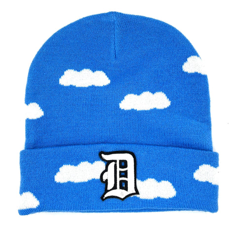 Detroit Old English D Patch Beanie Cap, Sky Blue with Clouds