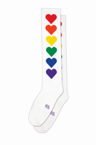 Rainbow Hearts Athletic Knee Socks. By Gumball Poodle, Made in USA!