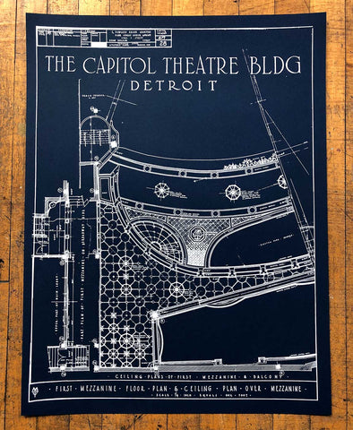 Capitol Theatre Detroit 1921 Blueprint Silkscreen Poster, Navy Blue 