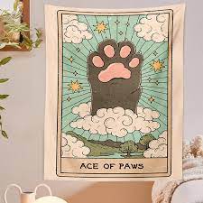Cat Tarot Tapestry, Ace of Paws. 39"x27" Purple with Gray Cat Fabric Wall Hanging