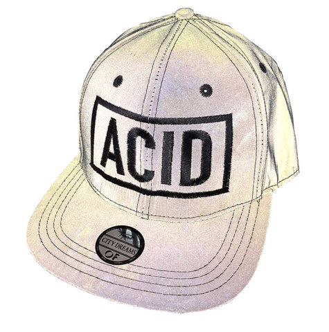 ACID Hat with camera flash on. Limited Edition 3d Embroidered Retroreflective Cap, Well Done Goods