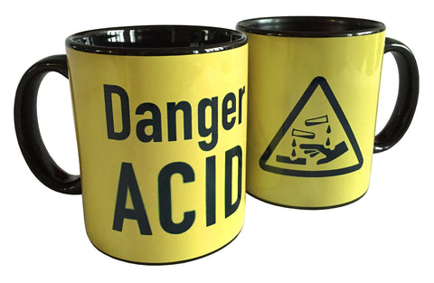 Acid Yellow Warning Label Print Mug, Hazard Symbol Sublimated Coffee Cup, Well Done Goods