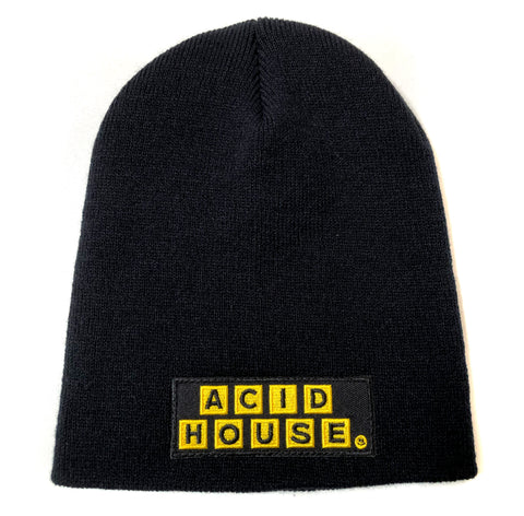 Acid House Patch Skullcap, Black Brimless Beanie