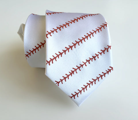 Baseball Stitching Printed Necktie, white. By Cyberoptix