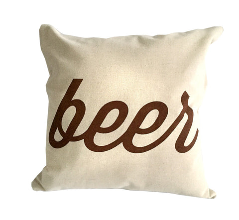 Beer Throw Pillow, Script Print, silkscreened natural cotton. Well Done Goods by Cyberoptix