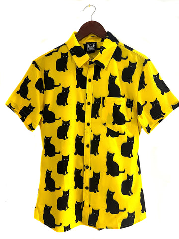 Black Cat Print Short Sleeve Button-Up Shirt. Choose Cream, Pink, Cinnamon or Yellow Button Up