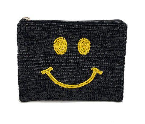 Smiley Face Beaded Coin Purse. Black Smiley Beaded Change Purse, Zipper Pouch