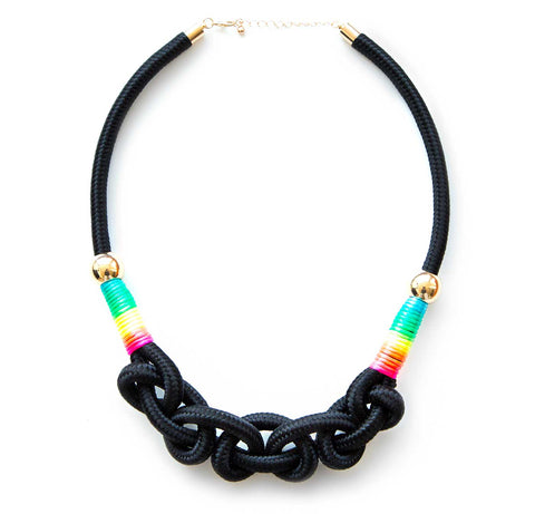 Rainbow Wrap Knotted Rope Statement Necklace, Black. Well Done Goods