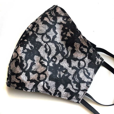 Lace Print Face Mask, washable fabric face cover. Black on champagne