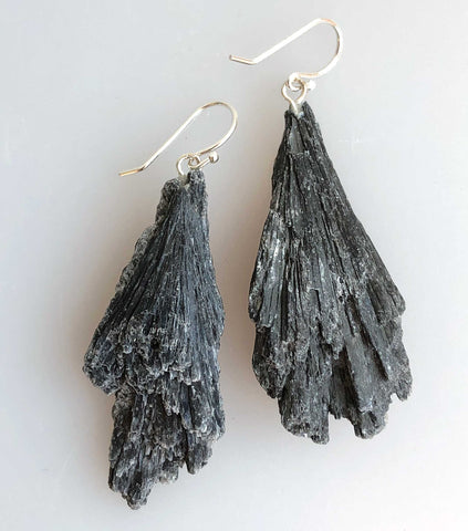 Black Kyanite Fan Earrings, Sterling Silver Wires