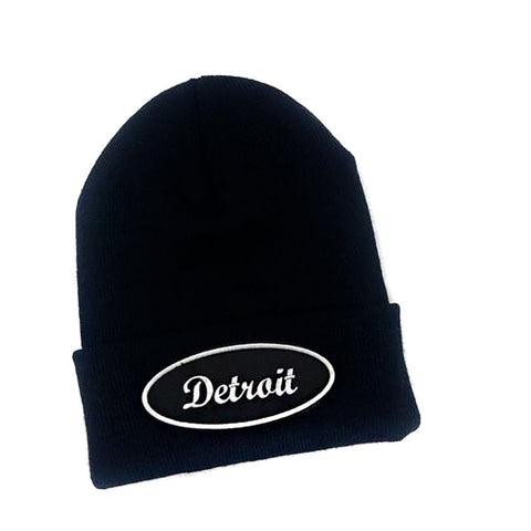 Detroit Script Oval Knit Beanie. Detroit Patch Beanie Cap. Black beanie with cuff