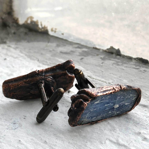 Blue Kyanite Blade Cufflinks, Electroformed Copper