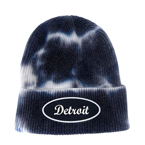 Detroit Script Oval Black and White Tie Dye Beanie Cap