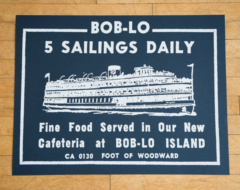Boblo Island White on Navy Silkscreened Poster, Vintage Ad 19"x 25", Well Done Goods