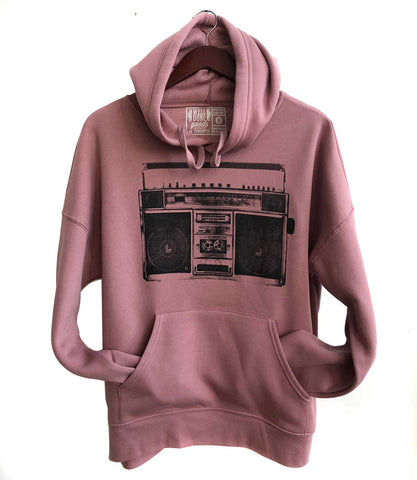 Boombox Pullover Hoodie, black on mauve.  Well Done Goods
