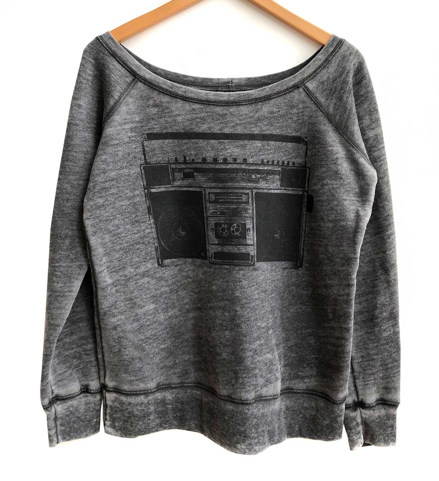 Boombox Print Women's Wide Neck Sweatshirt, Well Done Goods – Well