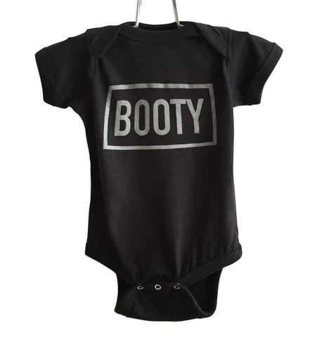 Booty Square Box Print Black Baby Onesie, Well Done Goods