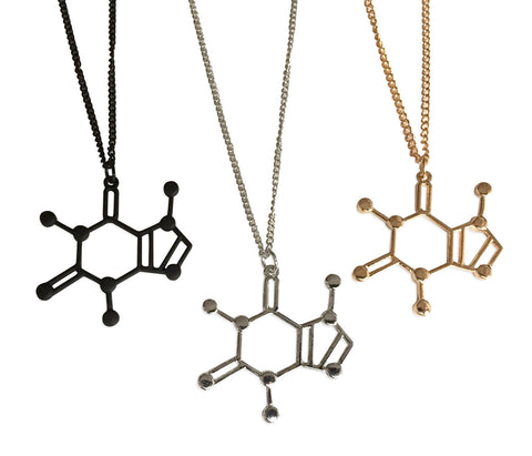 Large Caffeine Molecule Pendant Necklace: Black, silver, gold. Well Done Goods