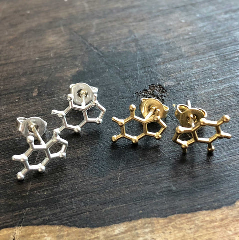 Tiny Matte Caffeine Molecule Earrings, Brushed Silver or Gold