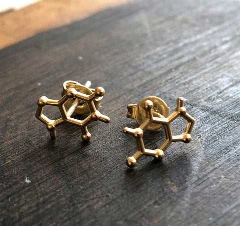 Tiny Matte Caffeine Molecule Earrings, Brushed Gold