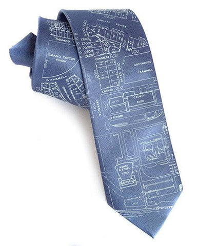 Campus Martius Printed Necktie. Detroit Map Tie, steel blue, by Cyberoptix