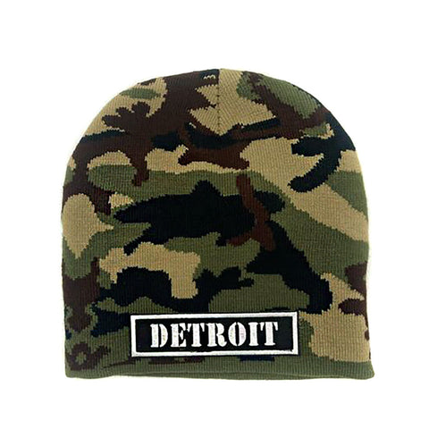 Detroit Camo Beanie, Woodland Camouflage Skullcap. Stencil Biker style patch