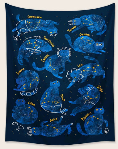 Cat Zodiac Constellation Tapestry. 39"x27" Blue Cat Fabric Wall Hanging
