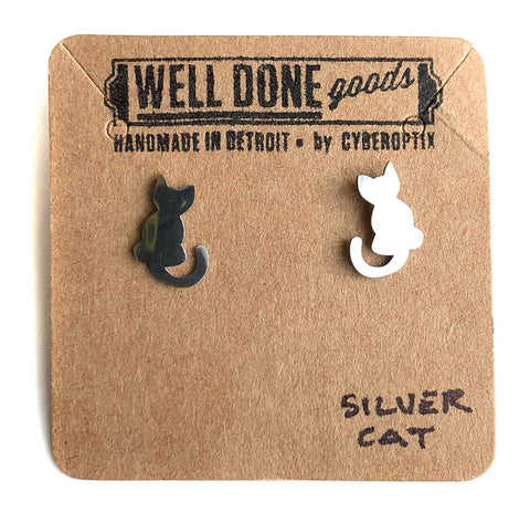 Cute Cat Silhouette Stud Earrings, Silver. Well Done Goods