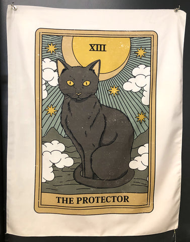 Cat Tarot Tapestry, The Protector. 39"x27" Black Cat Wall Hanging