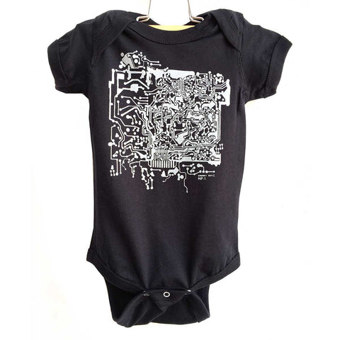 Circuit Board Print Baby Onesie, silver on black. Well Done Goods