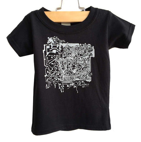 Circuit Board Kids T-Shirt, silver print on black. Well Done Goods